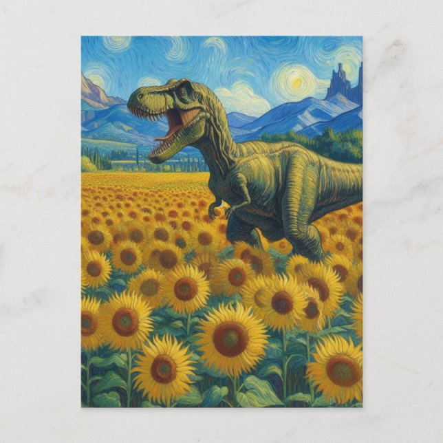 Cartão Postal T-Rex no Estilo Van Gogh do Campo de Girassol (Frente)
