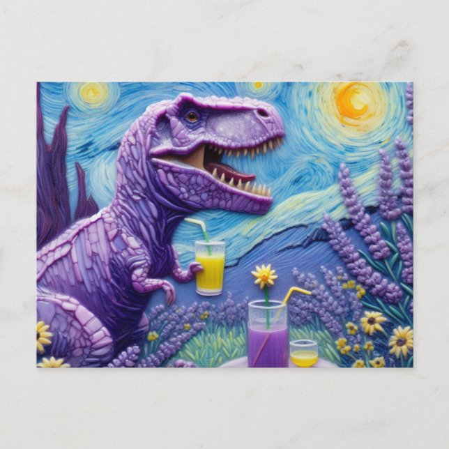 Cartão Postal T-Rex roxo engraçado com fantasia de limonada  (Frente)