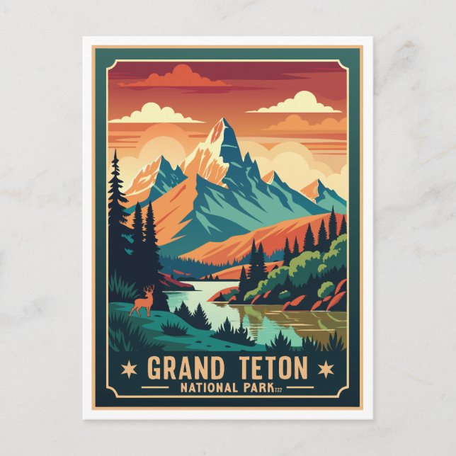 Cartão Postal T-Shirt Rtro Grand Teton Hike Sunset (Frente)