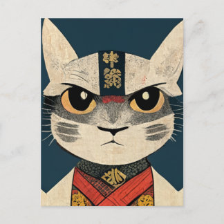 Cartão Postal Tabby Cat as Nobunaga Oga in Japanese  Wood Wall A