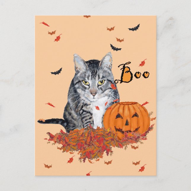 Cartão Postal Tabby Cat Halloween (Frente)