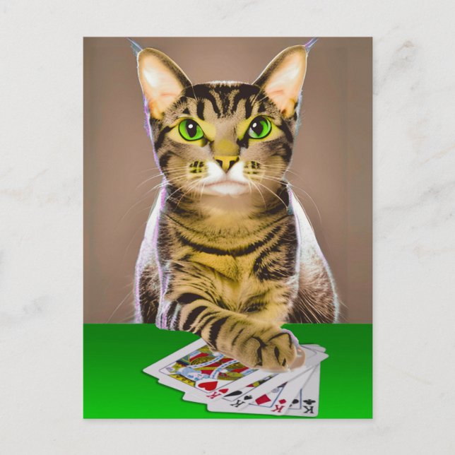 Cartão Postal Tabby Cat Playing Poker (Frente)