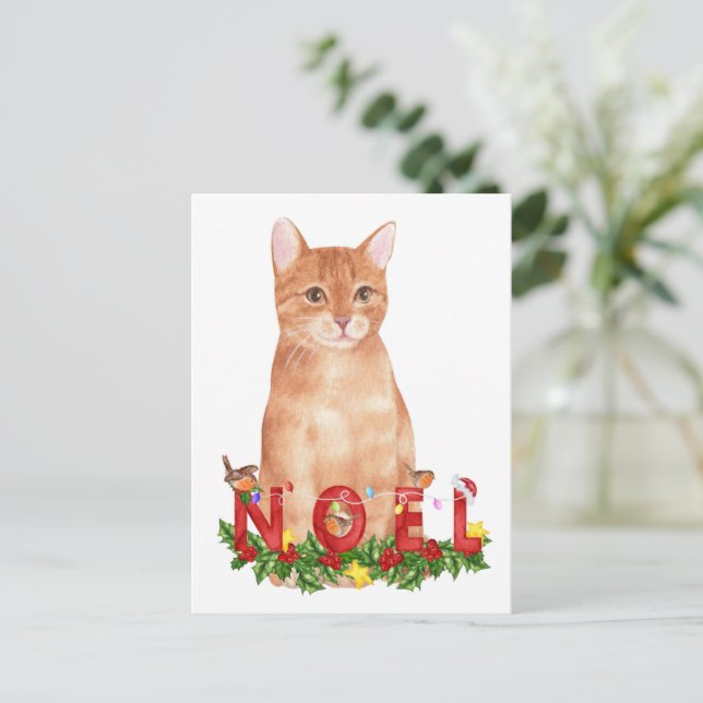 Cartão Postal Tabby Cat Watercolor de Natal (Em pé/Frente)