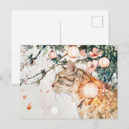 Cartão Postal Tabby Geisha Cat Entre Lanternas Brilhantes em Chi