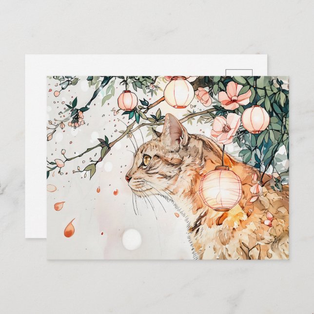 Cartão Postal Tabby Geisha Cat Entre Lanternas Brilhantes em Chi (Frente/Verso)