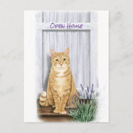 Cartão Postal Tabby Laranja Gato à Porta com Flores de Lavanda