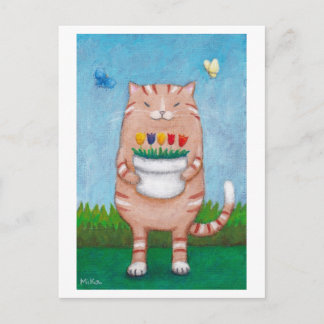 Cartão Postal Tabby Laranja Gato com Borboletas Postcard