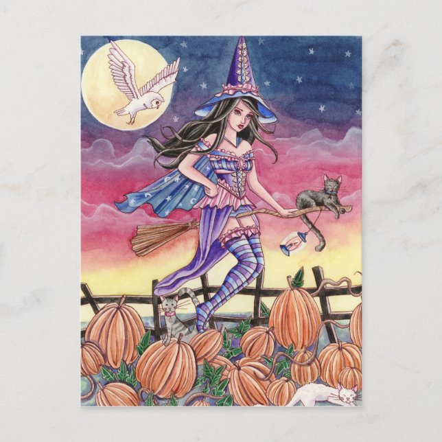 Cartão Postal Tabitha - Cartão-postal de bruxa, gato e coruja (Frente)