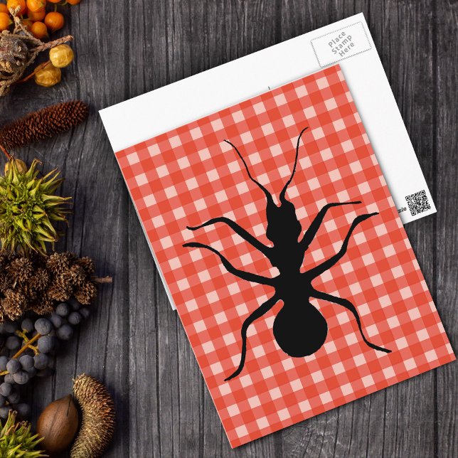 Cartão Postal Tablecloth de Xadrez de Ants Rastreáveis (Big black ant on tablecloth red and white plaid postcard.)