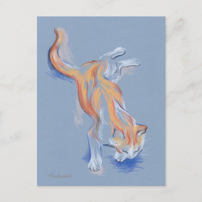 Cartão Postal Tabuleiro Branco e Laranja do Pastel Gato em Azul (Frente)