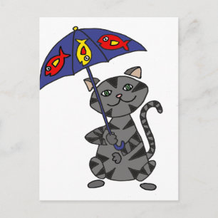 Cartão Postal Tabuleiro Engraçado por Cat Holding Umbrella