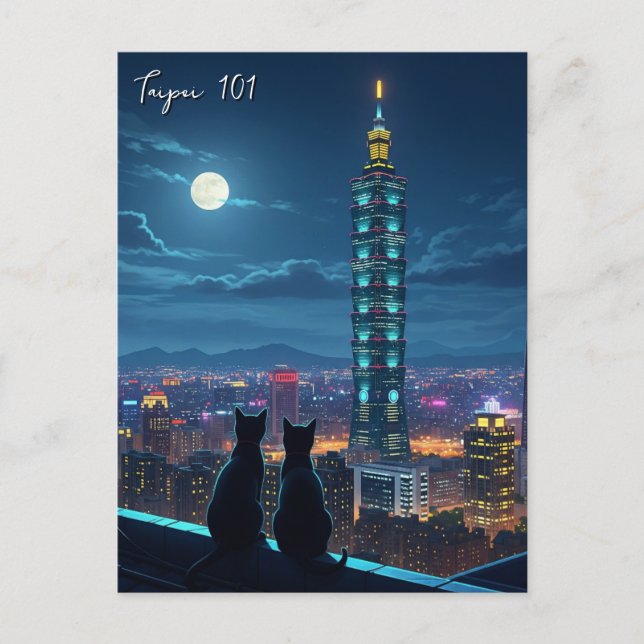 Cartão Postal Taipei 101 Gatos à Noite (Frente)