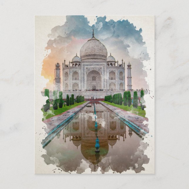 Cartão Postal Taj Mahal India Watercolor Art (Frente)