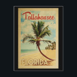 Cartão Postal Tallahassee Palm Tree Viagens vintage<br><div class="desc">Um moderno Tallahassee,  médio de arte da Flórida,  no estilo de poster viagens vintage,  exclusivamente retrógrado. Ele apresenta uma palmeira curva na praia arenosa com oceano sob um céu azul nublado.</div>