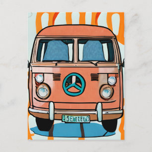 Cartão Postal Tan e Blue Retro Hippie Van Vintage Art