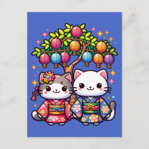 Cartão Postal Tanabata Kittens em Kimonos