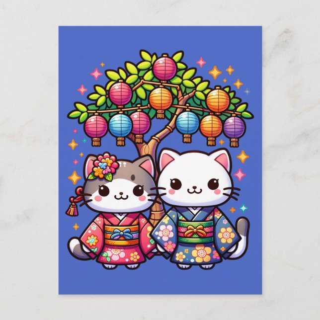 Cartão Postal Tanabata Kittens em Kimonos (Frente)