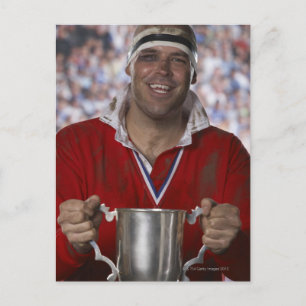 Cartão Postal Tapete de troféu com jogador de rugby, retrato