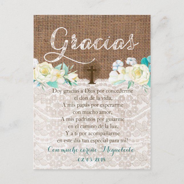 Cartão Postal Tarjeta de gracias con oración para Bautismo (Frente)