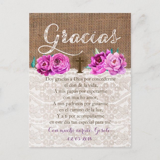 Cartão Postal Tarjeta de Gracias con oracion Recuerdo de Bautizo (Frente)