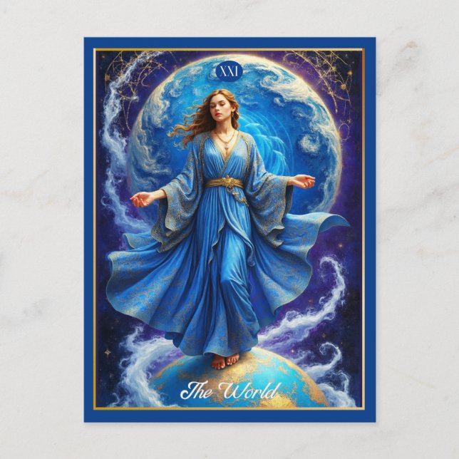 Cartão Postal Tarot Card, o mundo, em Azul Profundo (Frente)