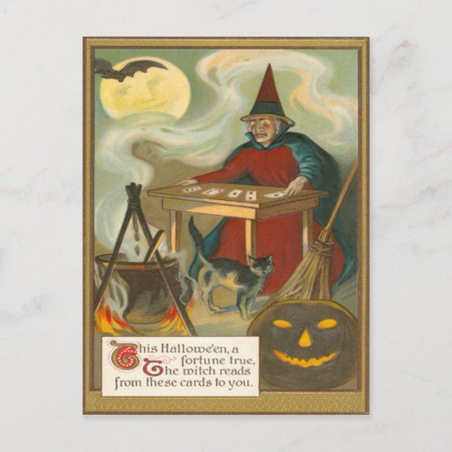 Cartão Postal Tarot de Bruxa Morcego Lua Cheia Gato Preto (Frente)