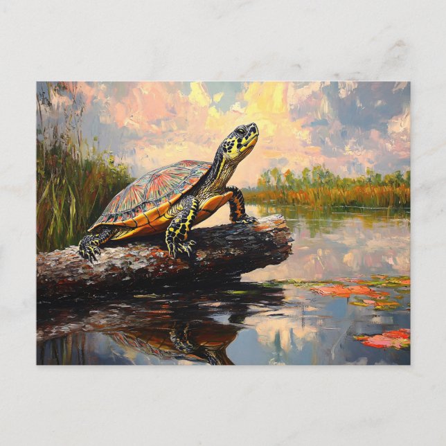 Cartão Postal Tartaruga-branca numa pintura de Everglades de Log (Frente)