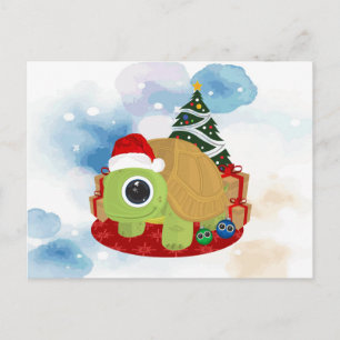 Cartão Postal Tartaruga de Natal Fofo Inverno Nevasca Aquarela
