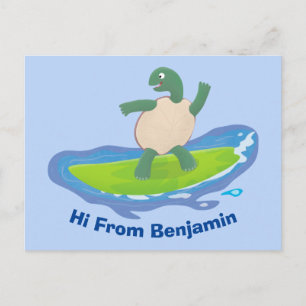 Cartão Postal Tartaruga engraçada fazendo surf em onda desenho a