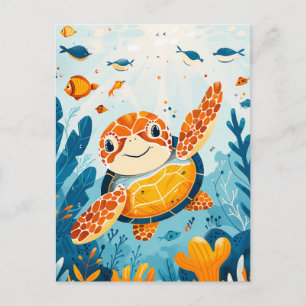 Cartão Postal Tartaruga Marinha de Desenho Animado Nade no Bosqu