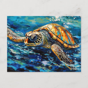 Cartão Postal Tartaruga Marinha em Pinceladas Expressivas a Óleo