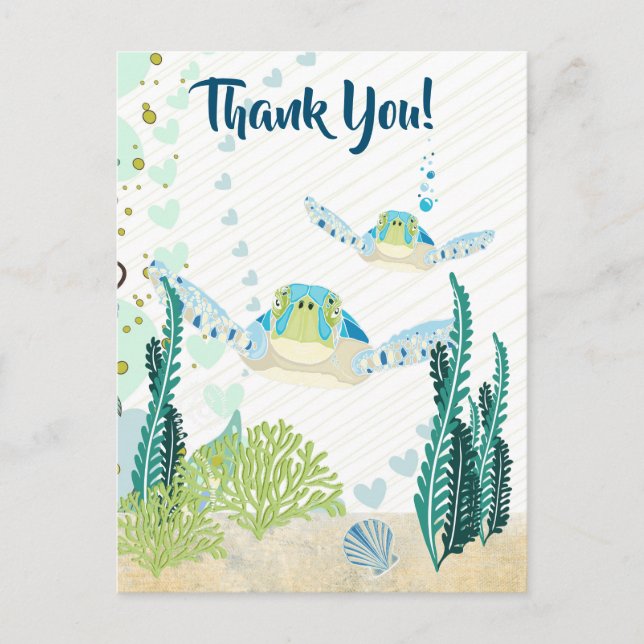 Cartão Postal Tartarugas marinhas e Corações Ocean Beach Obrigad (Frente)