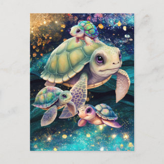 Cartão Postal Tartarugas marinhas Nadando em Águas Cósmicas Mági