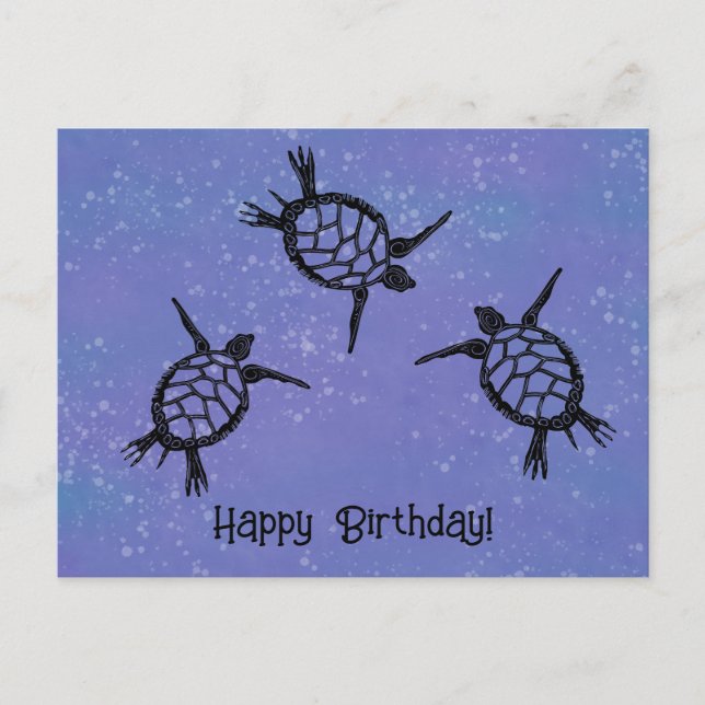 Cartão Postal Tartarugas Marinhas Nadando Feliz Aniversário (Frente)