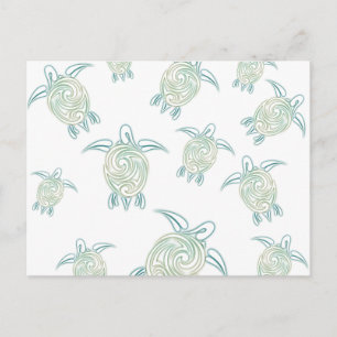 Cartão Postal Tartarugas Marinhas Padrão Verde Branco