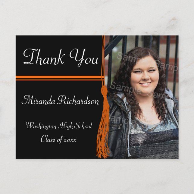 Cartão Postal Tassel Laranja e Festa de formatura Preta (Frente)