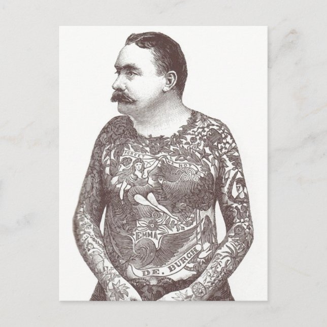 Cartão Postal Tattooed Victorian Guy with Moustache (Frente)