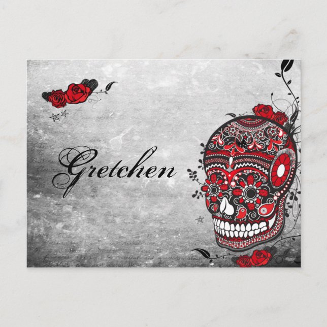 Cartão Postal Tatuagem Estilo Muerte Skull e Flourish Name Card (Frente)