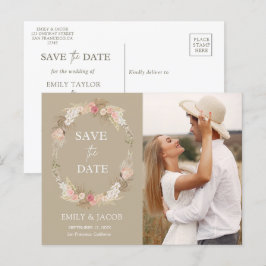 Cartão Postal Taupe Boho floral wreath Salvar a data