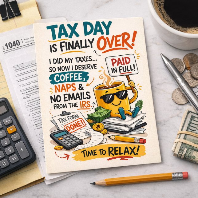 Cartão Postal Tax Day Is Finally Over Funny Coffee Relax (Criador carregado)