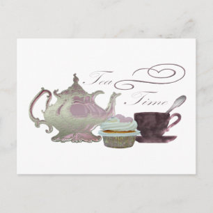 Cartão Postal Tea Time Pink Hearts Art Cupcake