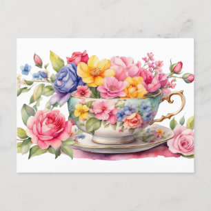 Cartão Postal Teacup de Aquarela com Flores Bonitas