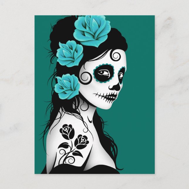 Cartão Postal Teal Blue Day of the Dead Sugar Skull Girl (Frente)