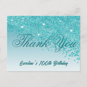 Cartão Postal Teal Blue Glitter, 100º Aniversário Obrigado