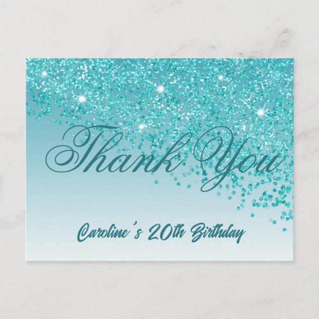 Cartão Postal Teal Blue Glitter, 20 Aniversário Obrigado (Frente)