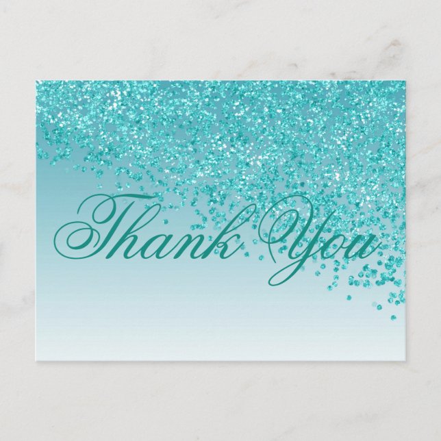 Cartão Postal Teal Blue Glitter Telas Azuis Agradecemos (Frente)