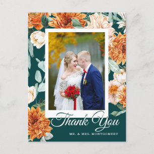 Cartão Postal Teal Burnt Orange Floral Autumn Casamento Obrigado