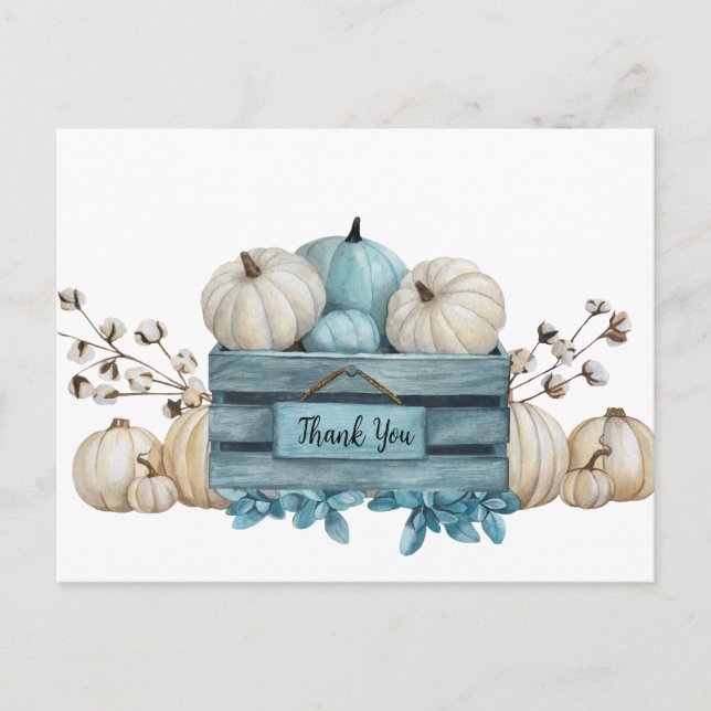 Cartão Postal Teal de Aquarela e Pumpkins de marfim Obrigado Car (Frente)