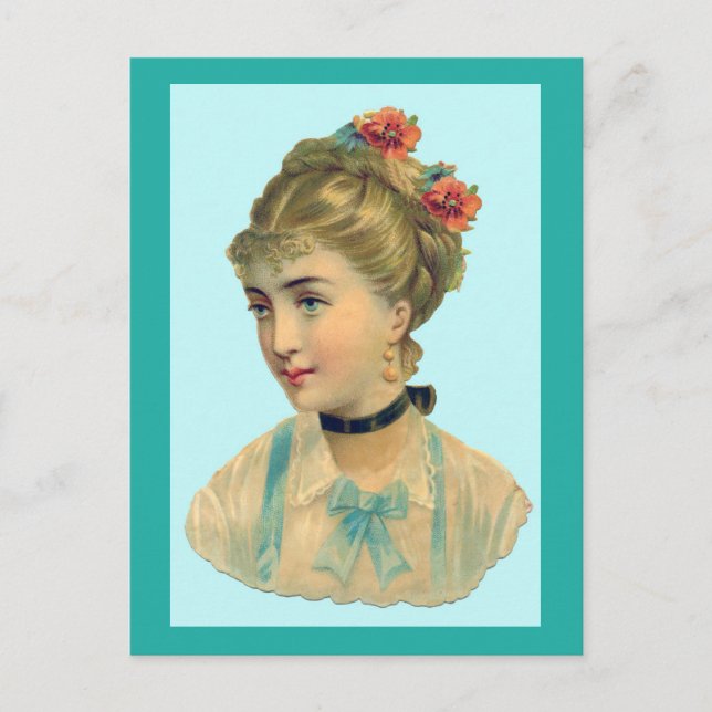 Cartão Postal Teal de Mulher Vitoriana (Frente)