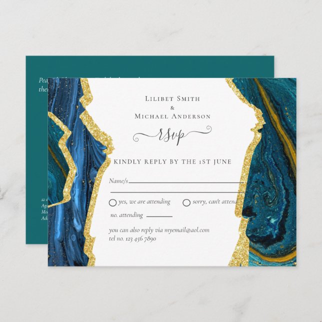 Cartão Postal Teal Dourado AGATE Wedding (Frente/Verso)